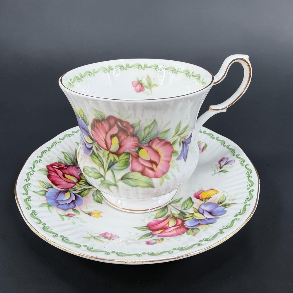 Queen's Special Flowers April Sweet Pea Tea Cup Saucer Set Rosina China England